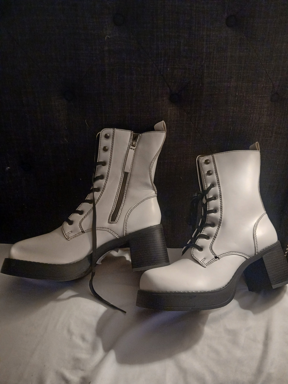 White Lace-Up Block Heel Ankle Boots 12